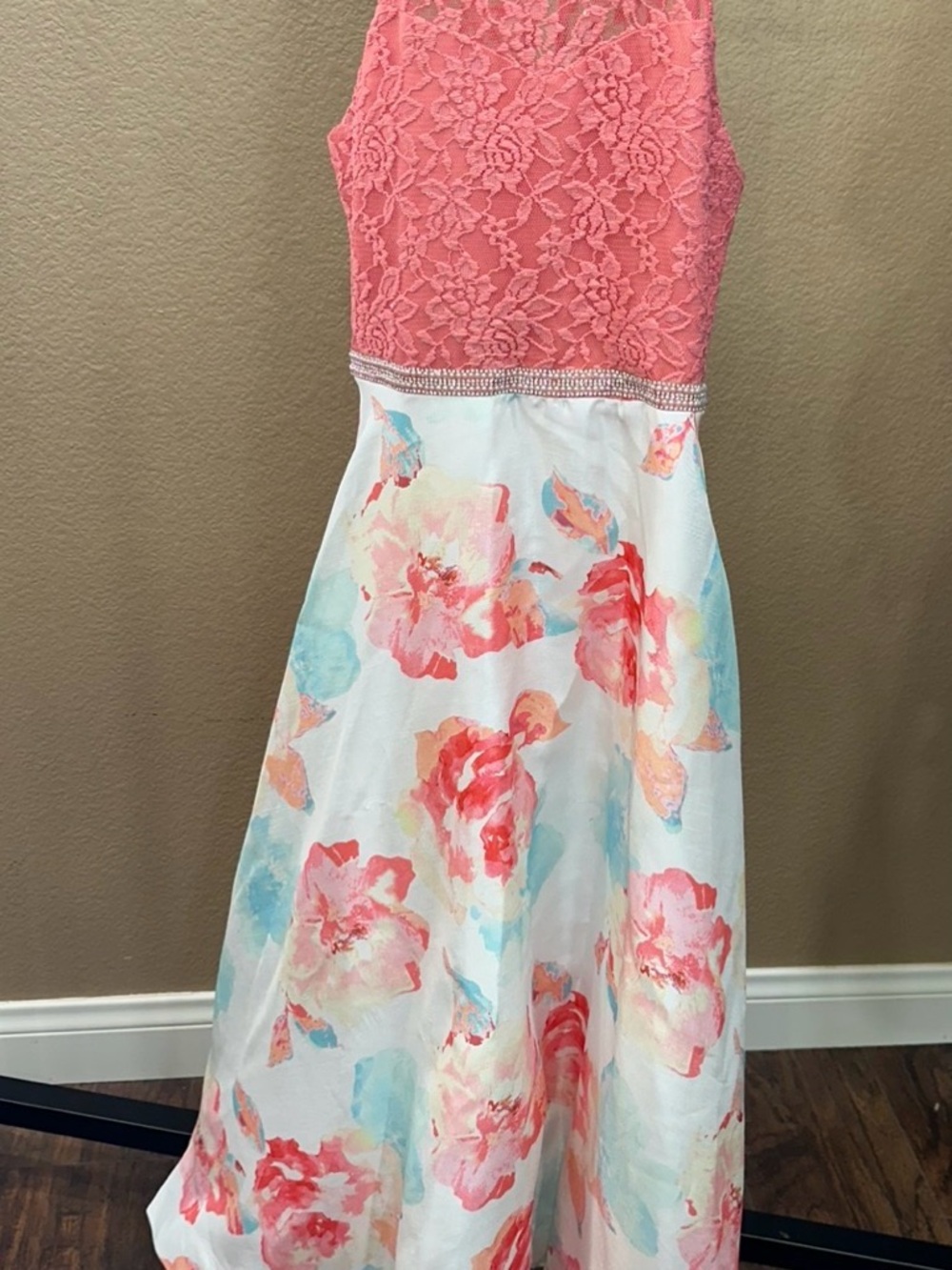 Rare Editions Coral Lace Bodice Floral Skirt Dress